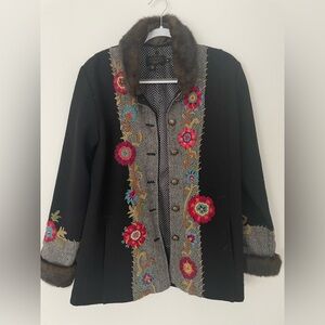 Embroidered wool jacket with removable fur